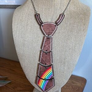 Wooden Tie Necklace with Rainbow Design